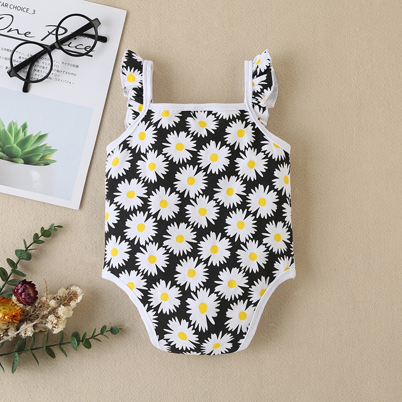 Baby Sunflower Print Flutter-sleeve Strappy Rompers